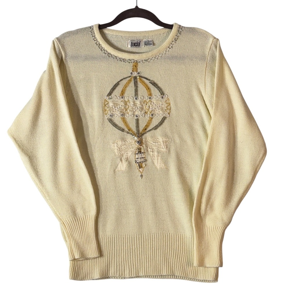 Vintage Lucia Sweater M Ivory Beaded Sequin Embellished Hong Kong 80s 90s